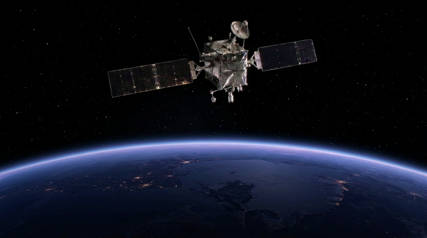 Satellite with silver insulation foil and glossy black solar wings orbiting above Earth's blue horizon